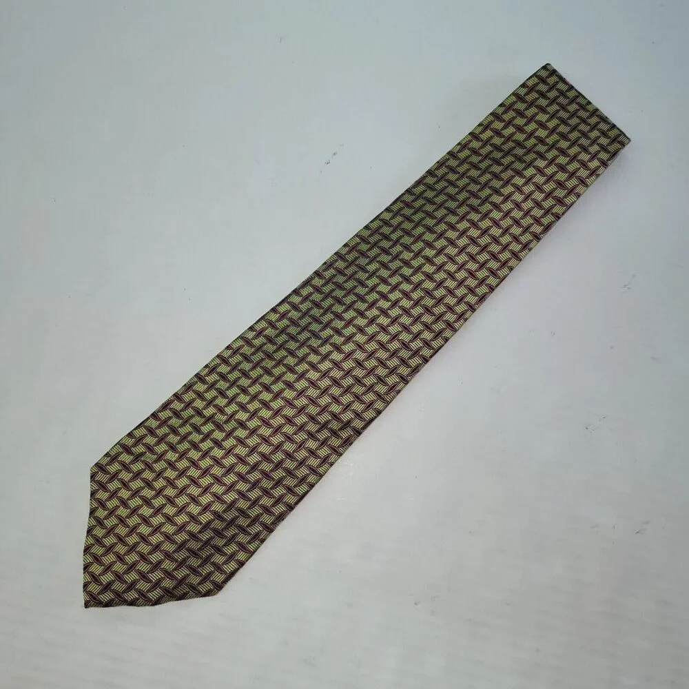 Wm King Clothiers Silk Necktie Mens One Size Olive Green Burgundy Geometric Leaf